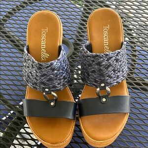 Blue and Tan Platform Sandals with Woven Straps